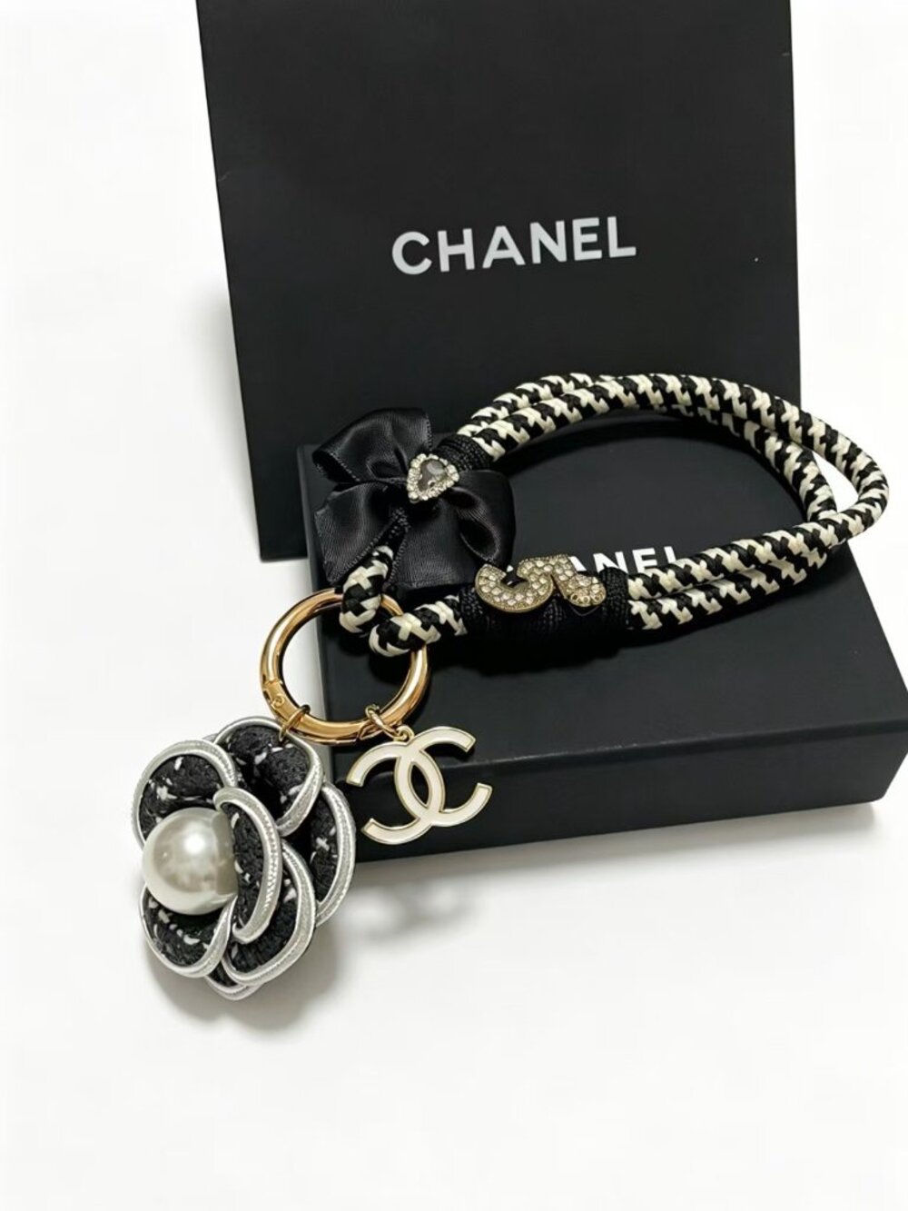 Chanel Camellia Pearl Double C Bag Charm Keychain with Strap